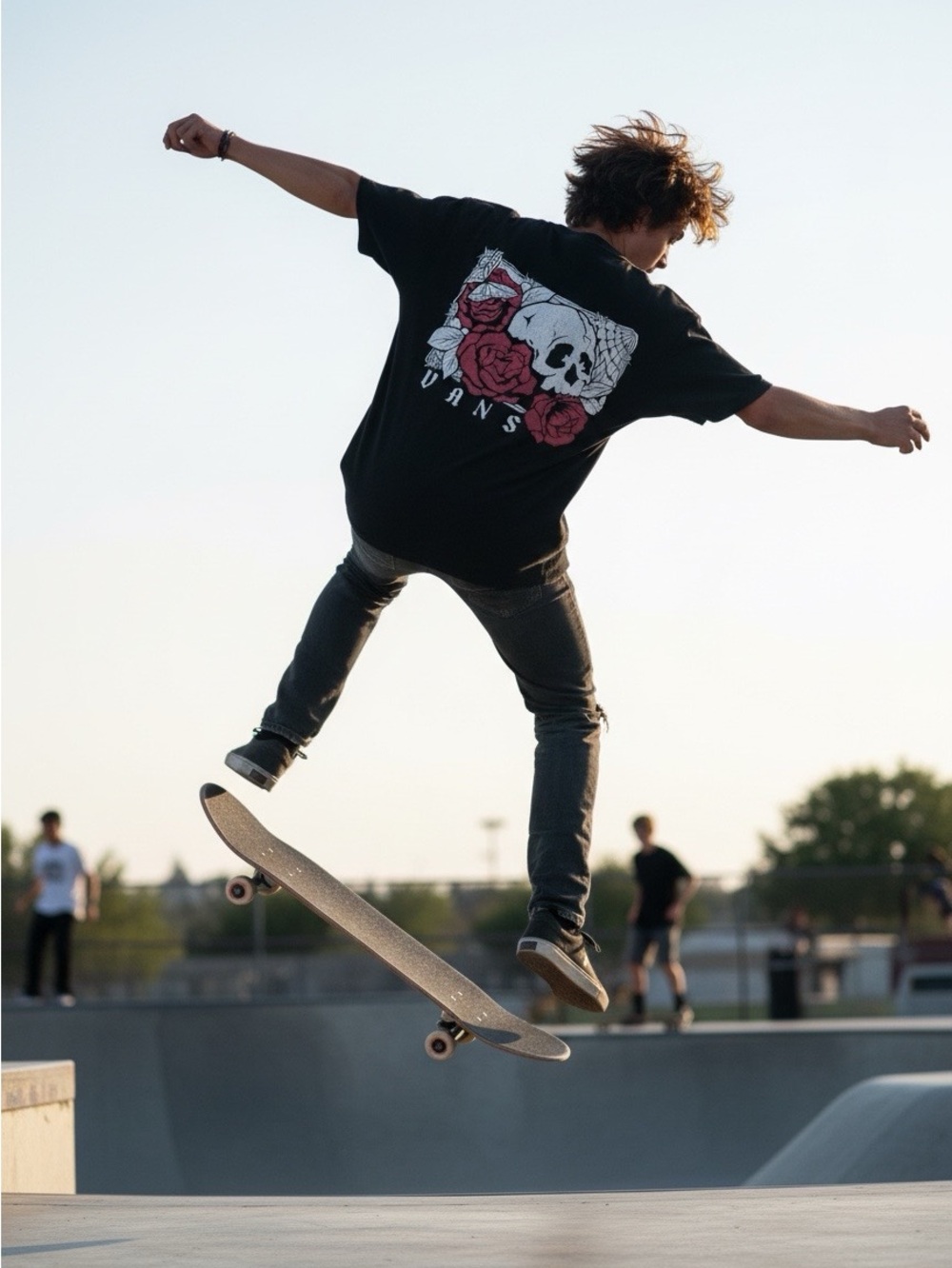 Vans Black Skull & Roses Graphic Tee vintage skater grunge L/XL men